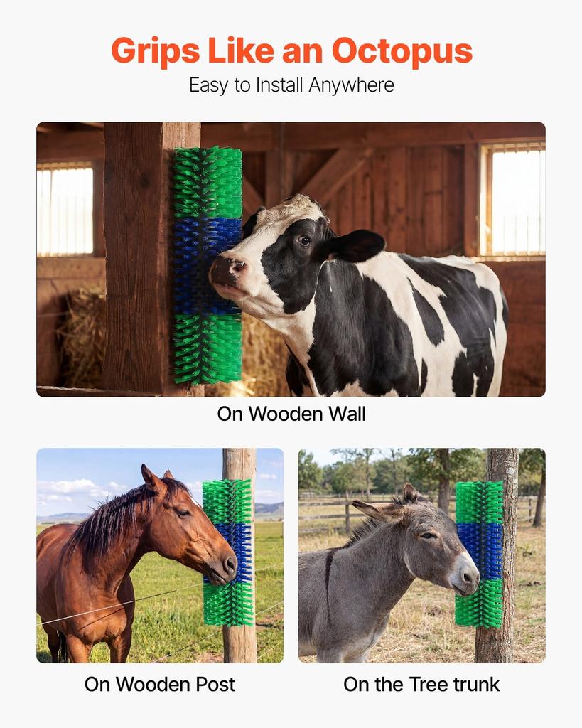 Livestock Scratching Brush, 2PCS Goat Scratcher Brush Post with 8 Screws, 430 x 190 mm Cow Scratcher for Back Itch Relief, Massage Grooming Scratch