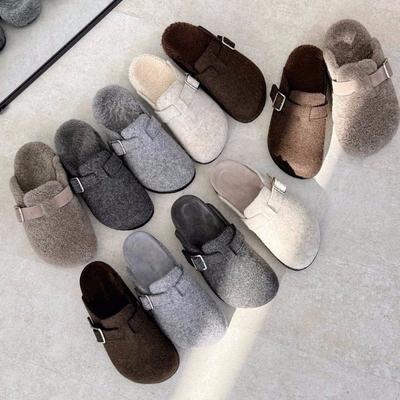 Thick-soled Bag Head Half Slippers Lazy Slippers Women's Autumn and Winter New Felt Suede Piled Cotton Slippers Muller Shoes