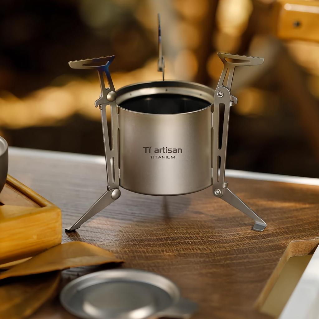 Ti Artisan Titanium Alcohol Stove with Folding Stand Cover and Storage Bag - Portable Camping, Backpacking, and Hiking Stove