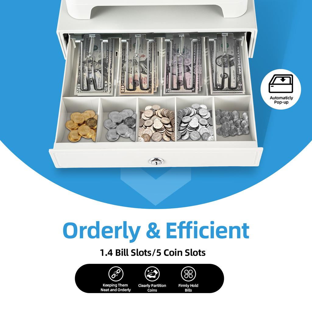 48 Keys Electronic Cash Register, Cash Register with Drawer &Thermal Printer POS Bill Coins System for Retailers (White)