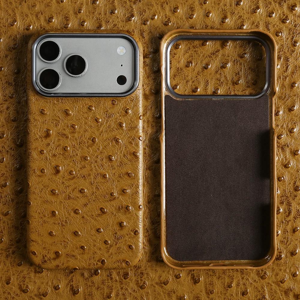 Genuine Ostrich Grain Leather Case for iPhone 17 Pro Max Air 16 Pro 15 14 13 Pro Premium Business Slim Metal Lens Cowhide Full Body Shockproof Cover