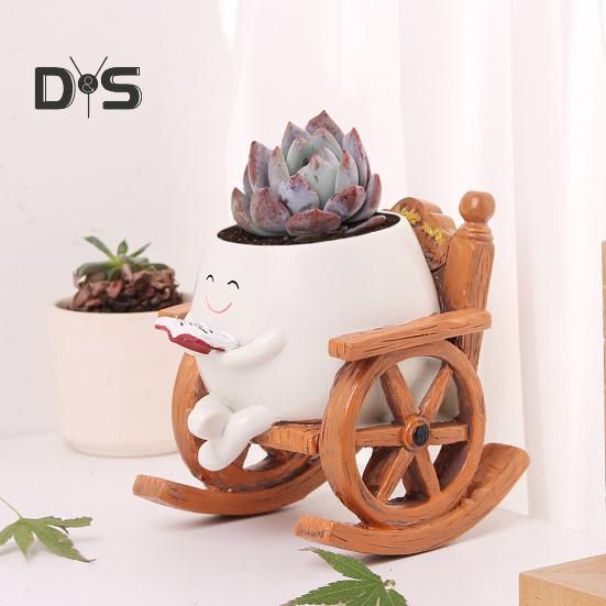 Smile Face Flower Pot Resin Rocking Chair Reading Planter Pot Smiling Succulent Flowerpot for Indoor Outdoor Plants