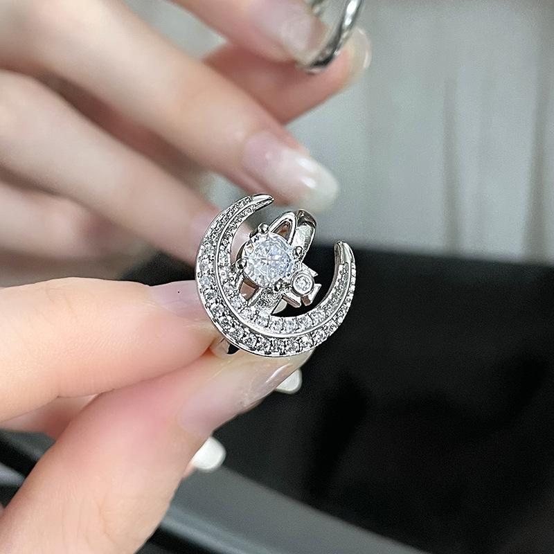 Planet Saturn Moon Niche Design Advanced Silver Full Diamond Zircon Delicate Ring Opening Adjustable Female Adjustable opening