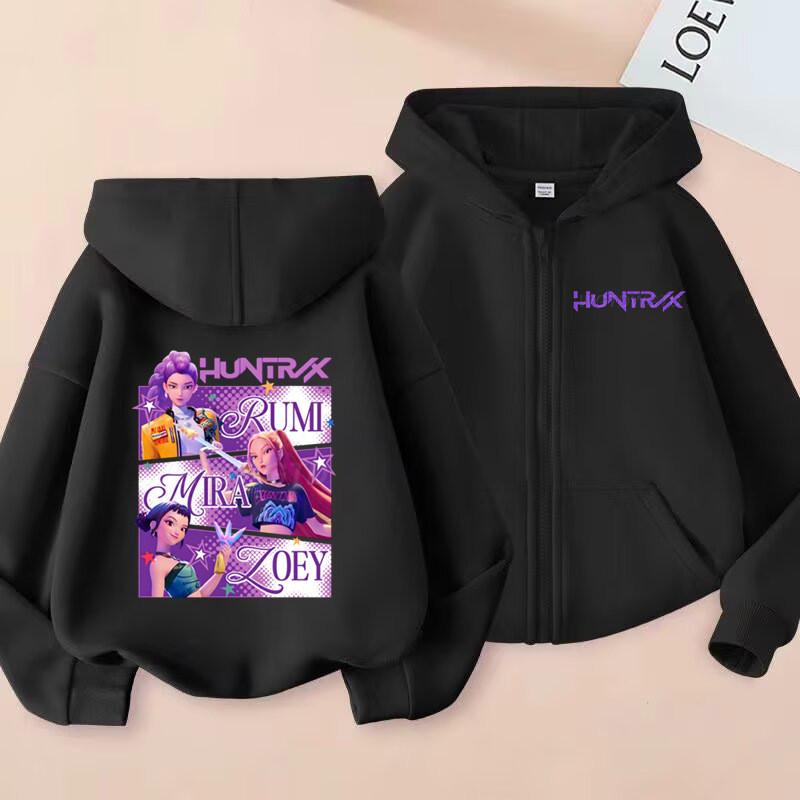 K-Pop Demon Hunters Zip Jacket Rumi Mira Zoey Cartoon Printed Children Clothing Casual Outerwear Hooded Coat Girls Clothes Gift