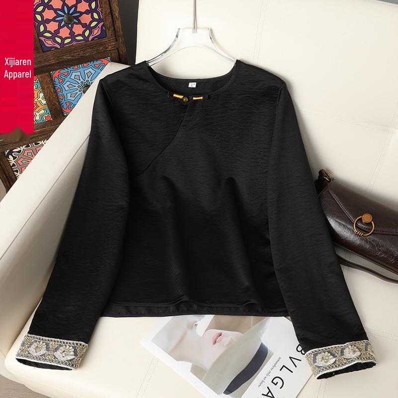 

Women s Lightweight White Chinese-Style Frog Button Long Sleeve Round Neck Shirt for Spring and Autumn XL (Recommended 85-105 kg) чёрный