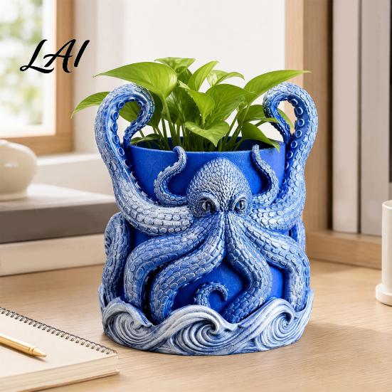 Ocean Themed Planter 3D Printed Octopus Planter with Tray Plant Holder Nautical