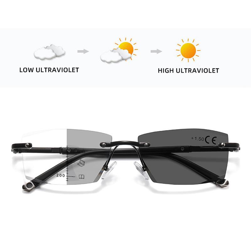 Rimless Pochromic Reading Glasses for Men Women Multifocal Far Sighted Eyewear Retro Anti-blue Light Presbyopia GLasses