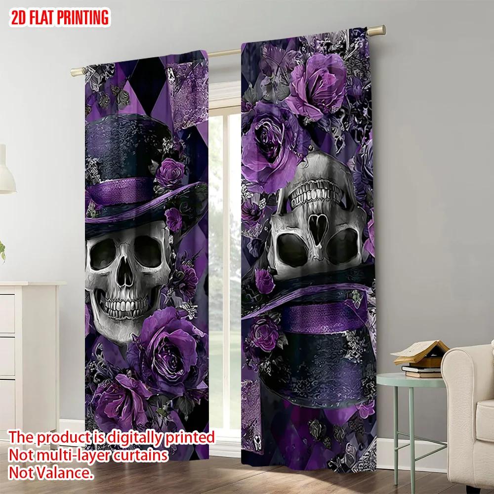 2pcs plane printing Curtains a Skull with Top Hat And Roses Versatile 100% Polyester (without rod) Home Decor Use for Season