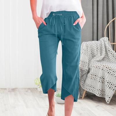 Women Cropped Pants Elastic Drawstring Waist Casual Loose Leg Design Casual Trousers Solid Color Loose Fit Mid-calf Trousers