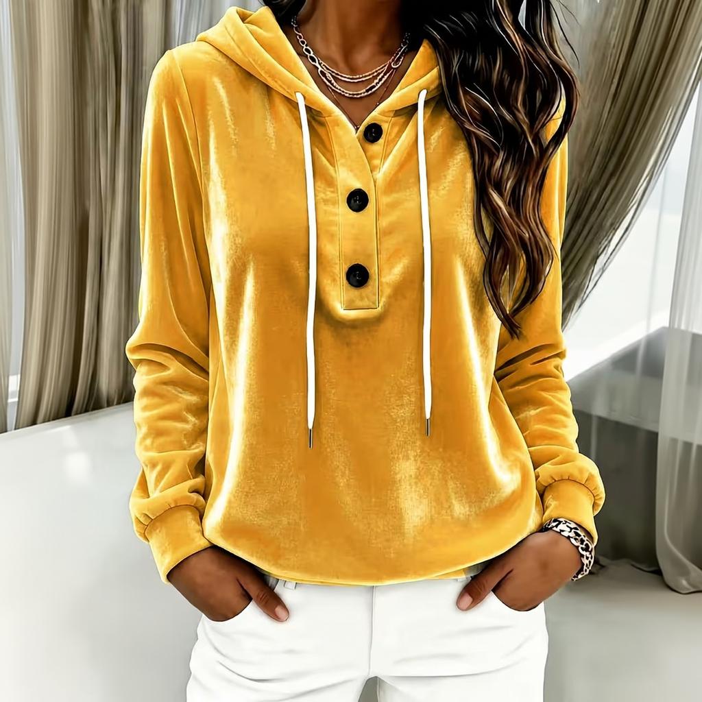 Women's Color Hooded Long Sleeve Top with Button Front and Drawstring