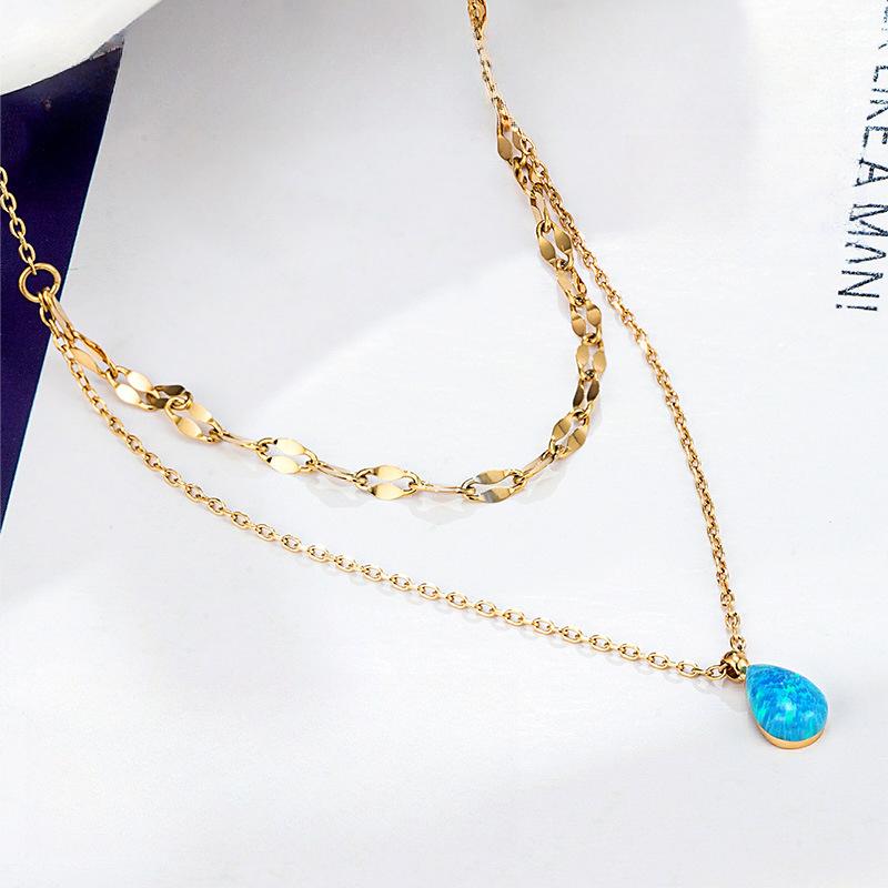 Japan And Korea Blue Water Drop Double-Layer Opal Necklace Women'S Summer High-End Niche Collarbone Premium Durable