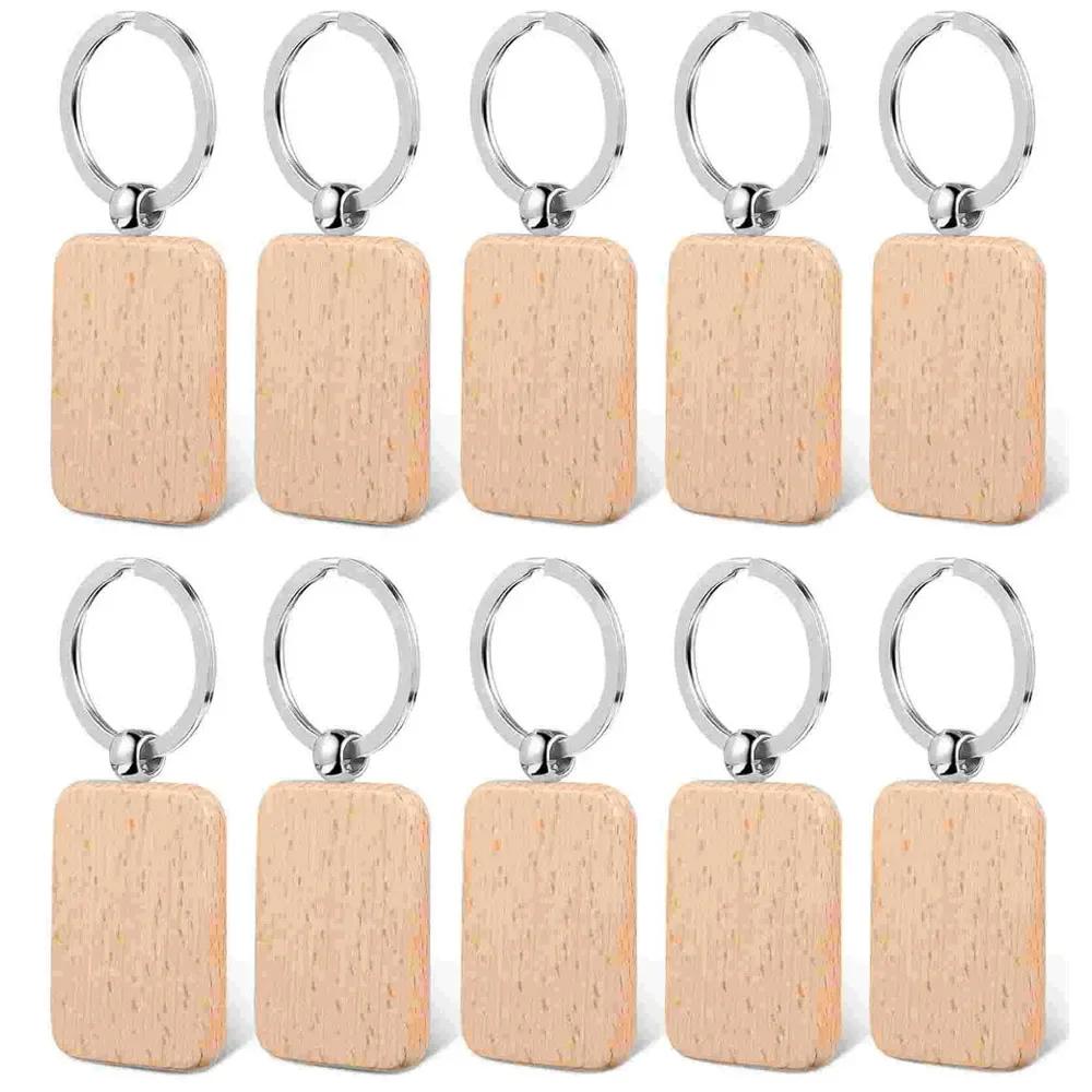 10pcs Rounded-Rectangle Wood Keychains Blanks Wooden Keyrings Suitable for Laser Engraving Gift
