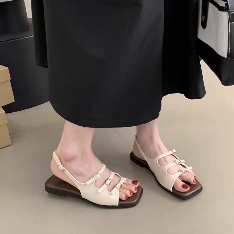 2024 Summer Buckle Women Flat Sandals Retro Romen Beach Shoes Ladies Casual Peep Toe Soft Comfortable Sandalias De Mujer