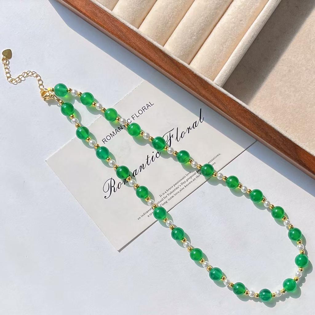 High Quality Vitreous Emperor Green Chalcedony Artificial Crystal Pearl Clavicle Chain Necklace