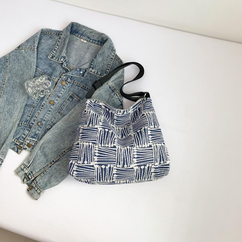 Cloth bag 2025 autumn new large-capacity canvas high-value plaid wide shoulder strap single shoulder messenger tote bag