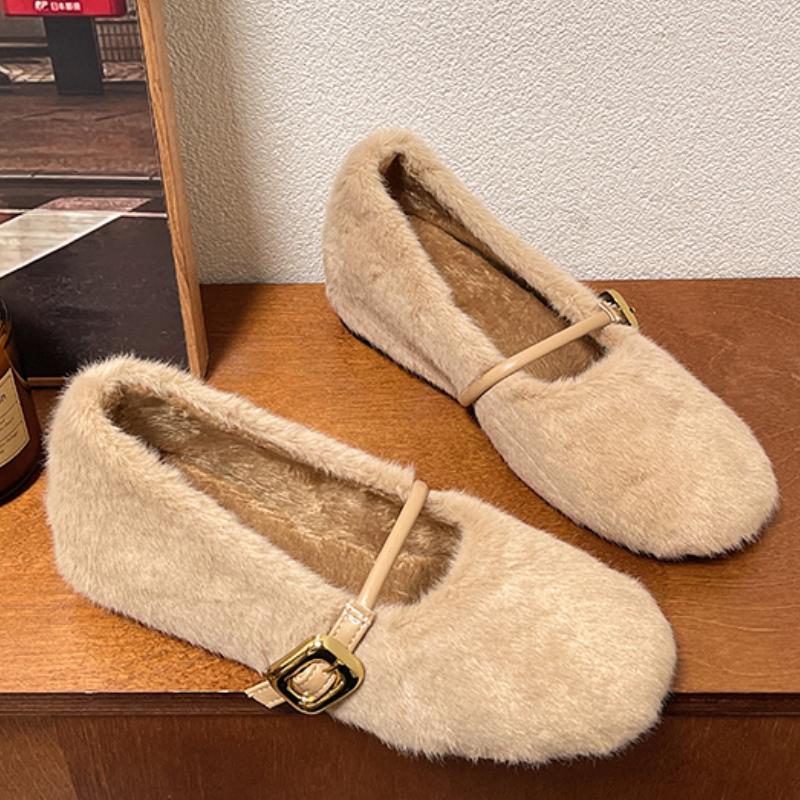 Moda Eleganckie Zapinane Paskiem Futrzane Buty Mary Jane Damskie Wygodne Miękkie Puszyste Płaskie Damskie Pluszowe Mokasyny