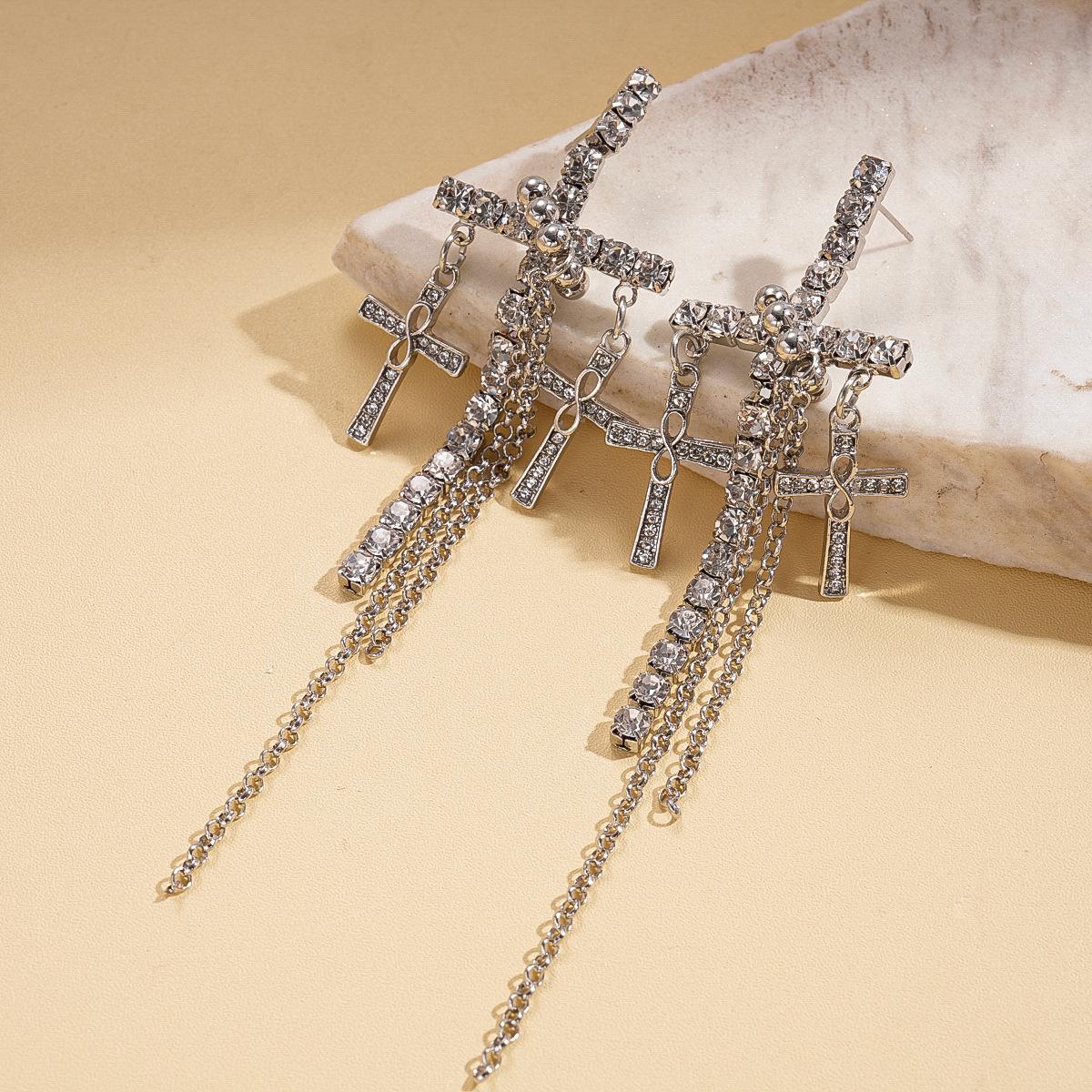

Diamond Cross Tassel Silver Needle Earrings Personality Delicate Earrings Earrings