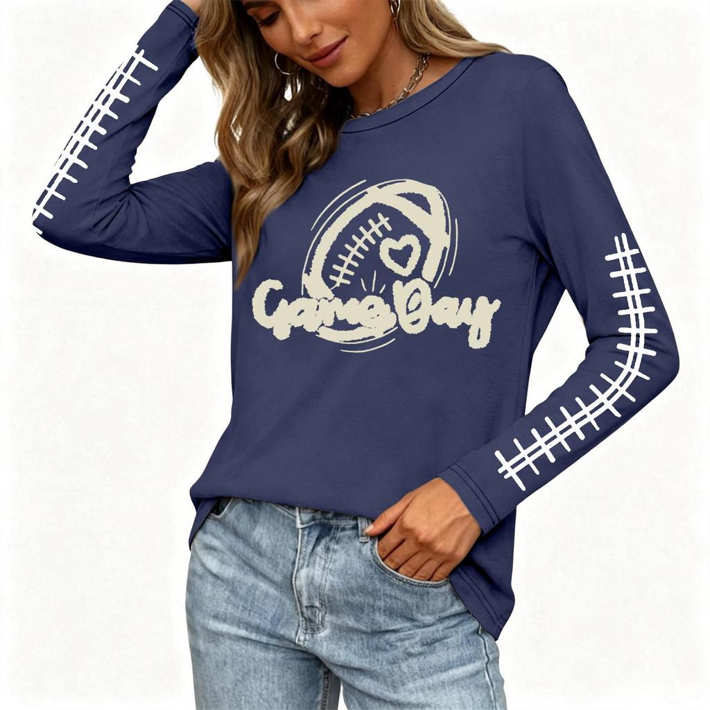 Women's Fashion Long Sleeve Neck Top with Rugby Graphic Print and Slit Hem