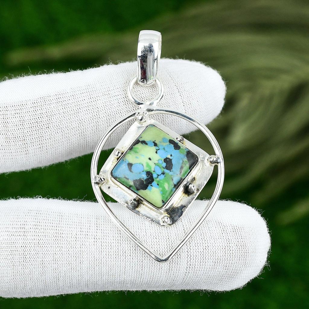 Square Mosaic Balloon Jasper Stone Sterling Silver Elegant Wife Pendant Jewelry