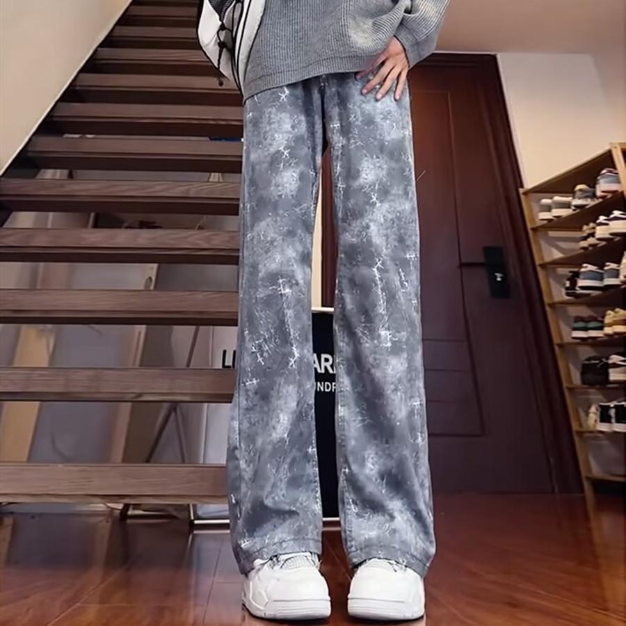 Tie-dyed pants men's spring and autumn models American high street loose jeans niche design straight tube micro-pull pants men