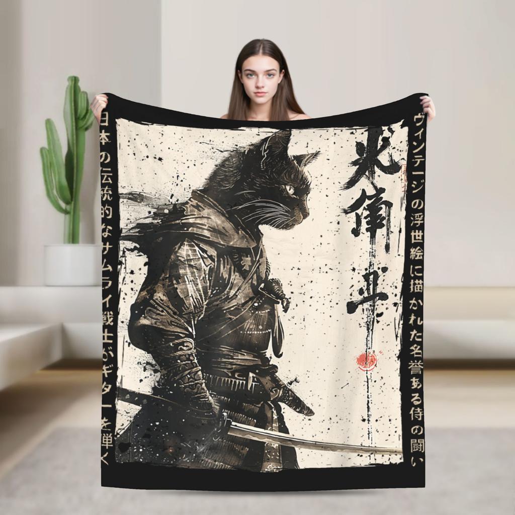 Ukiyo-e Samurai Japanese Ink Art Cat Fashion Blanket Flannel Autumn Winter Vintage Artwork Multifunction Thin Throw Fashion Blanket Bedsprea