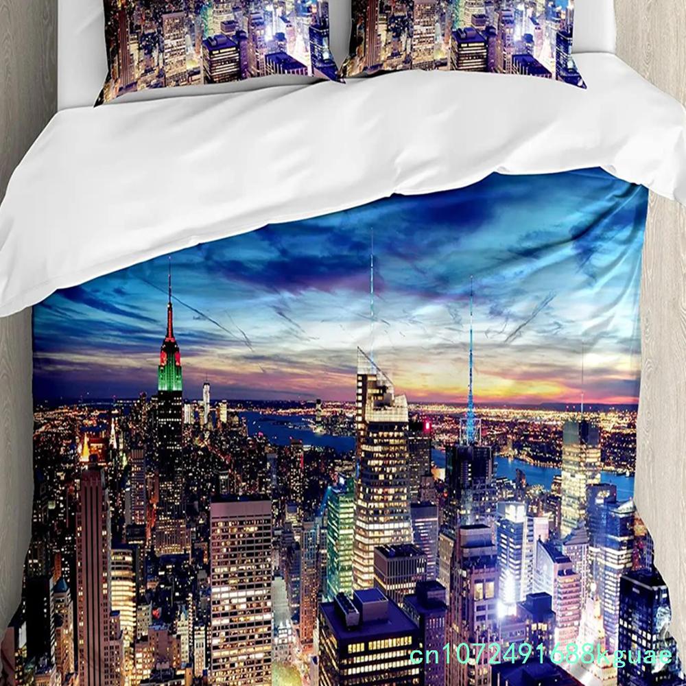 Urban 3pcs Bedding Set Manhattan Sunset Skyline New York City Duvet Cover Set Bed Set Quilt Cover Pillow Case Comforter Cover