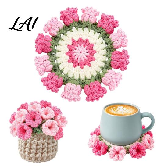 Botanical Room Decoration Crochet Flower Bouquet Coaster Handmade Knit Rose Mug Mat Transforms Into Bouquet 2-in-1 Decorative Plant Pot Display