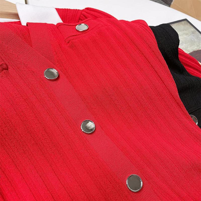 Women Fashion Contrast Single Breasted Knitted Dress Lapel Short Bubble Sleeve Hollow Out Slimming Long Dresses