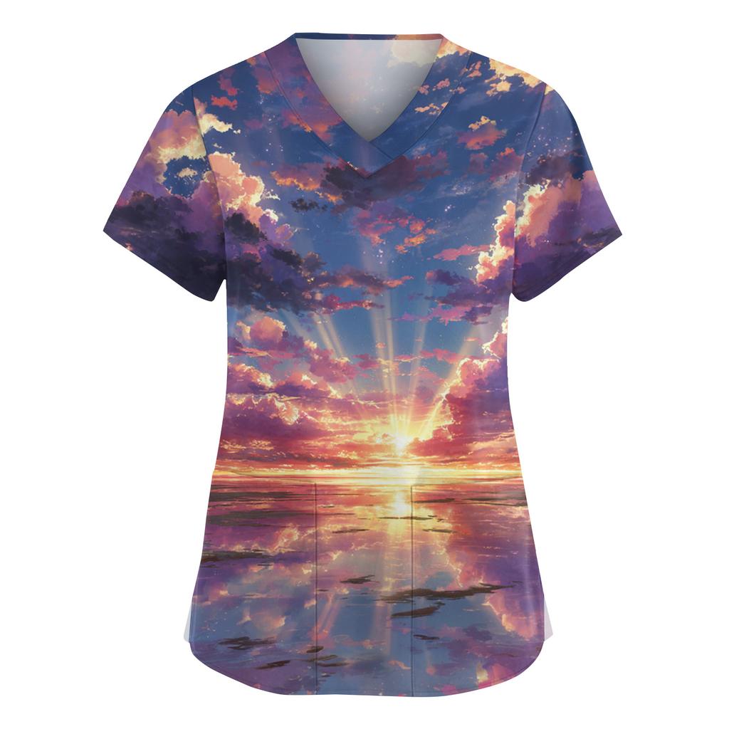 Women's Fashion V,Neck Short Sleeve Overalls With Pockets  Print Tops  Clothes