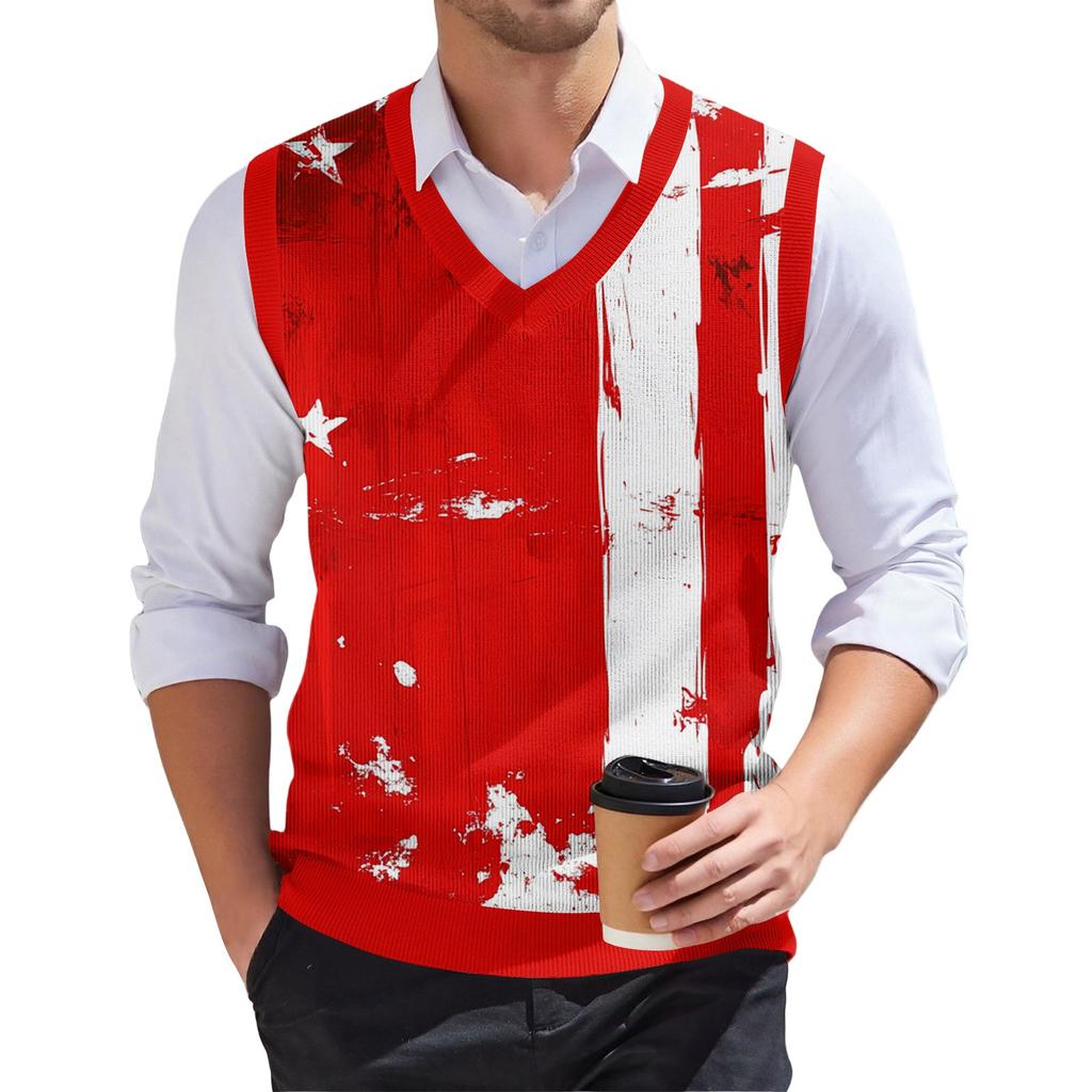 Herr Mode Tryckt V-ringad Ärmlös Stickad Pullover