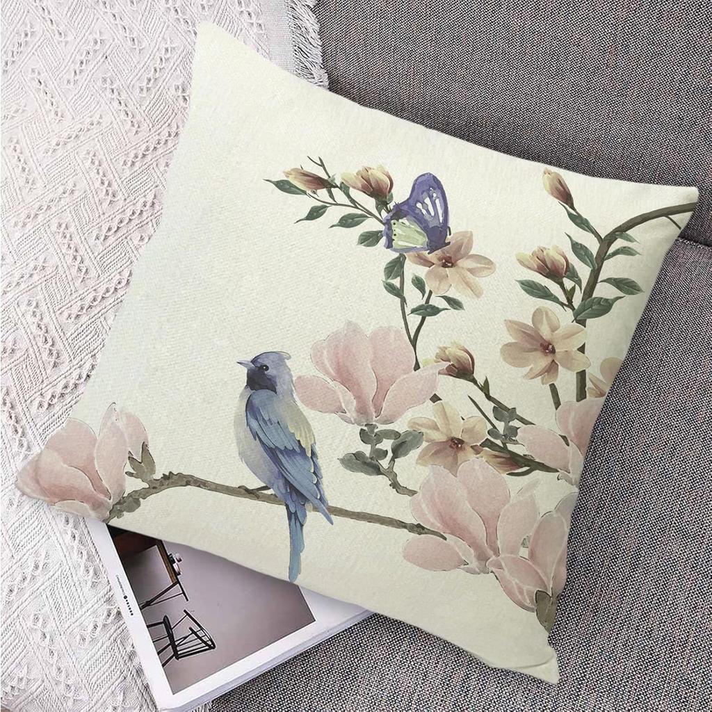 Bird Flower Decorative Pillow Covers 18x18 Linen Outdoor Square Pillow Case Cushion Cover for Sofa Couch Bedroom