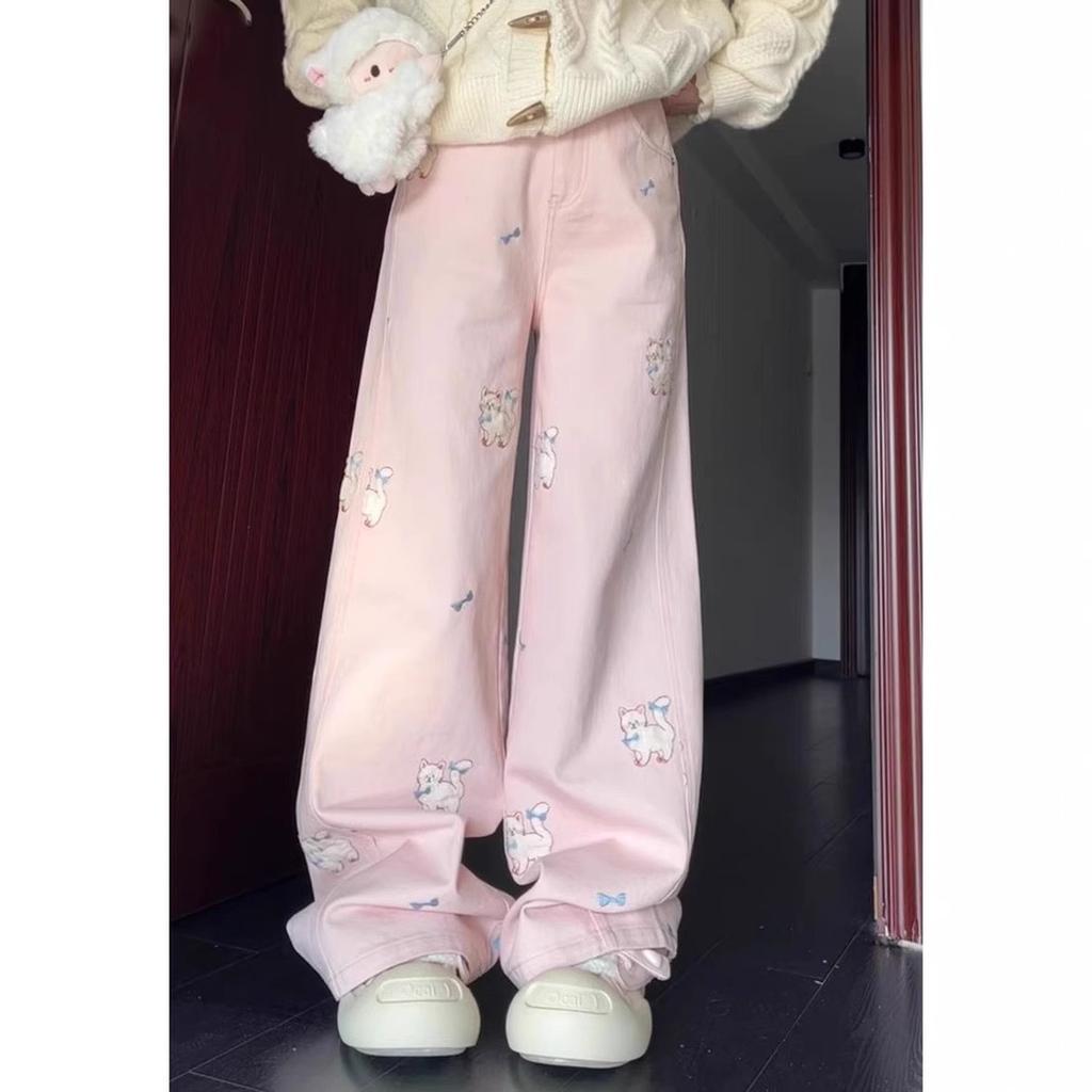 Large Size Design Sense Cartoon Kitten Embroidered Jeans for Womens Spring Pink Versatile Draping Comfortable Fit Wide-leg Trousers