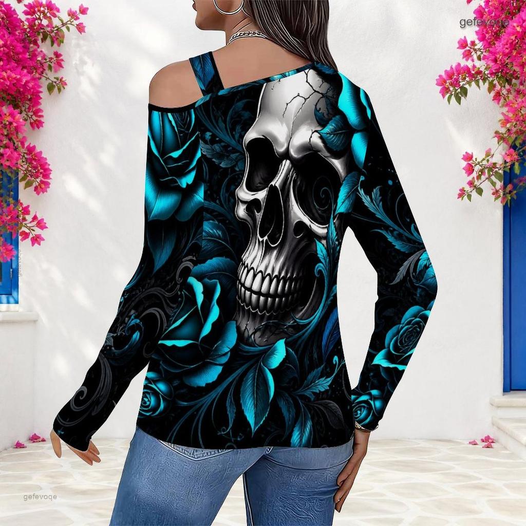 Women Plus Size Asymmetric Cutout Neck Cold Shoulder Fitted Long Sleeve Top Fire Motorcycle Printed Orange Black