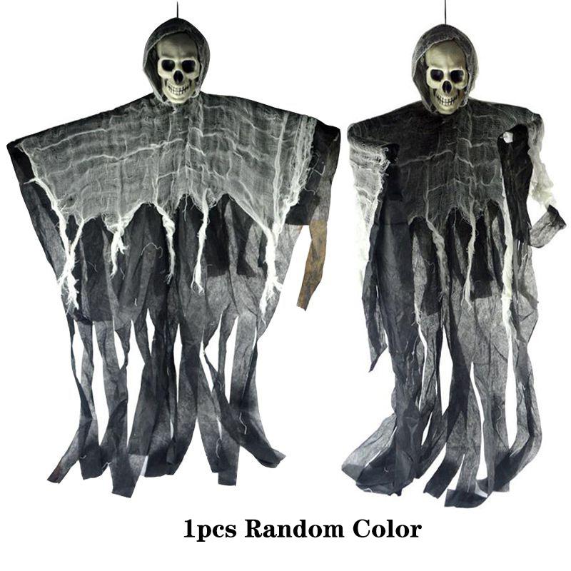 

Skeleton 100cm Hooded Halloween Hanging Black Skull Reaper Decoration Prop Shop 1pcs-Random Color