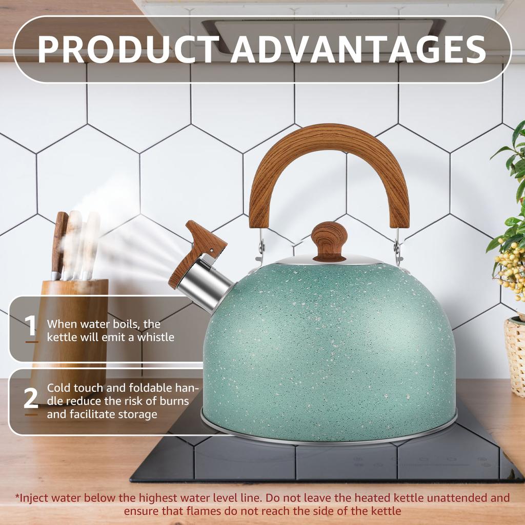 2.6QT Tea Kettle Stainless Steel Whistling Tea Kettle Flat-bottomed Boiling Water Kettles Stovetop Water Boiler for Home Kitchen