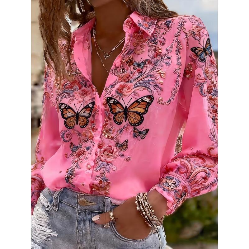 Women's Long Sleeved Shirt with 3D Flower Print and Tree Branch Pattern On the Lapel, Comfortable Men's Top