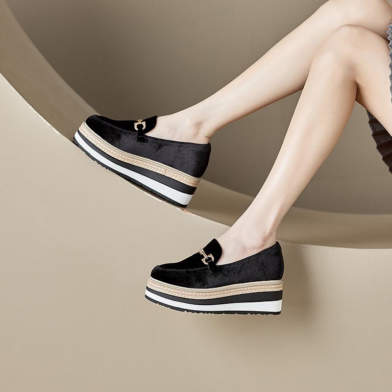 

Новые весенние универсальные туфли на платформе с толстой подошвой, туфли на высоком каблуке с круглым носком на танкетке, женские лоферы на высоком каблуке в британском стиле