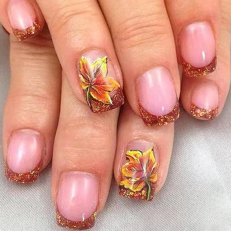 Thanksgiving Press On Short Acrylic Glossy Full Cover Nails with Maple Leaf Designs Artificial Autumn Leaves Glue on False Nails for Women Girls French Glitter and Maple