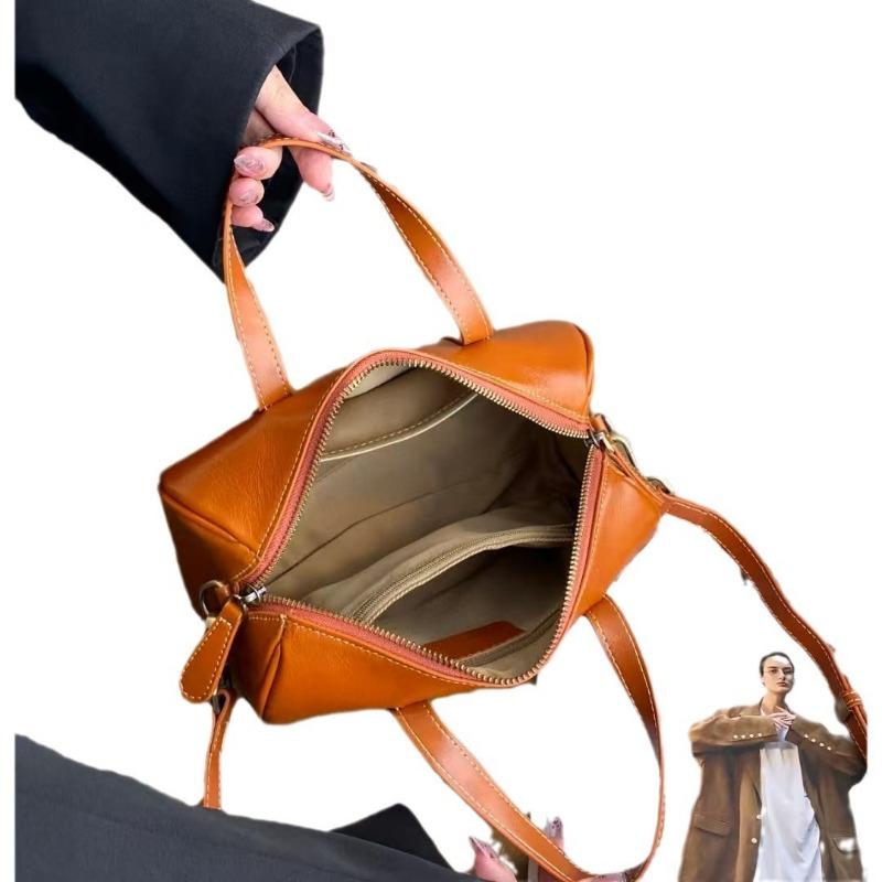 Top Layer Vegetable Tanned Cowhide Tote Cylinder Vintage Boston Pillow Bag Soft Leather Crossbody Bag