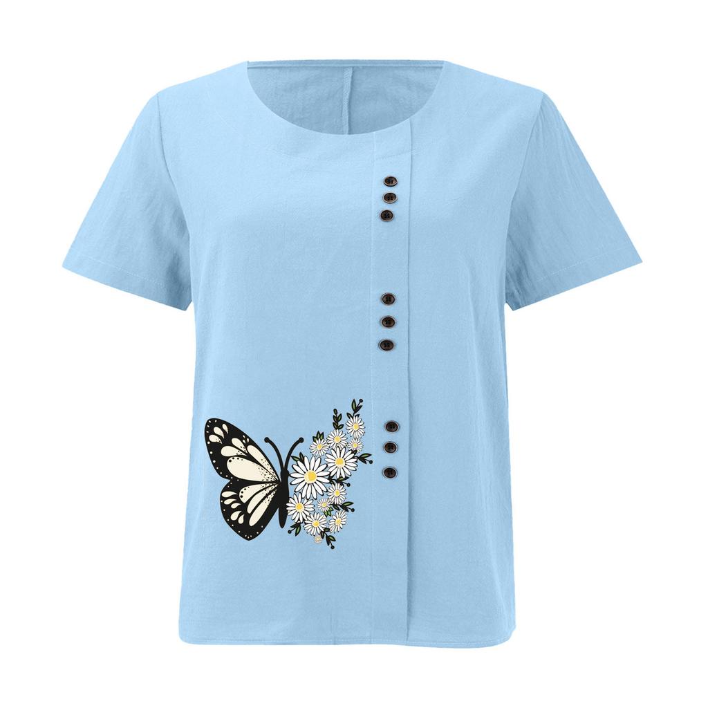 Summer Oversized Cotton and Linen Short-sleeved T-shirt, Cotton and Linen Butterfly Flower Printed Oversized Women's Clothing