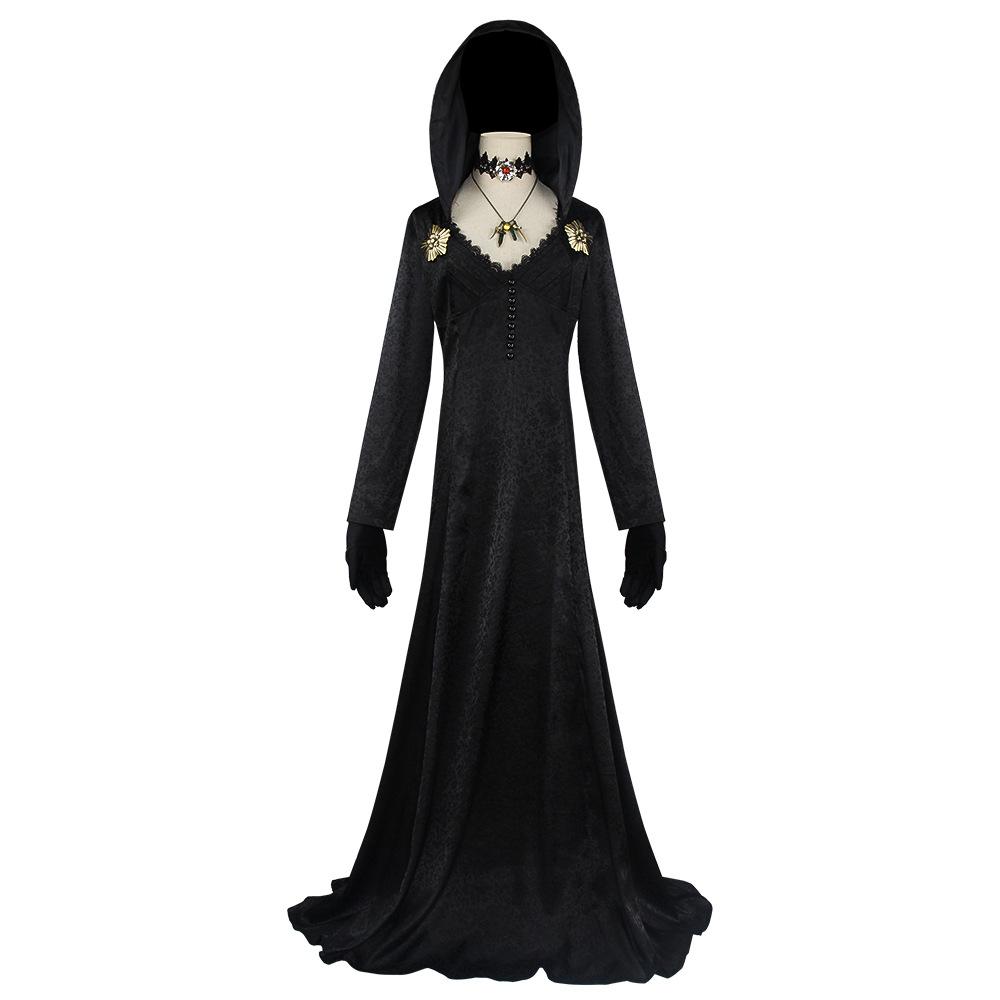 Auf Lager Moth Lady Böse Cosplay Fantasia Village Vampir Dame Dimitrescu Kostüm Damen Schwarzes Kleid Halloween Karneval Party Anzug