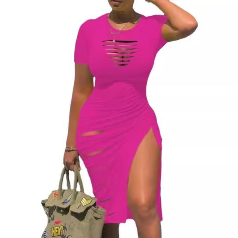 Sexy Rundhals Kurzarm Gerissen Schlitz Falten Unregelmäßig Übergröße Midi Kleid