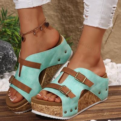 Moda para Mujer Zapatillas Casuales de Suela Gruesa y Tacón Inclinado Verano 2025 Nueva Moda Sandalias Cómodas de Punta Abierta con Correa de Hebilla para Exteriores y Playa