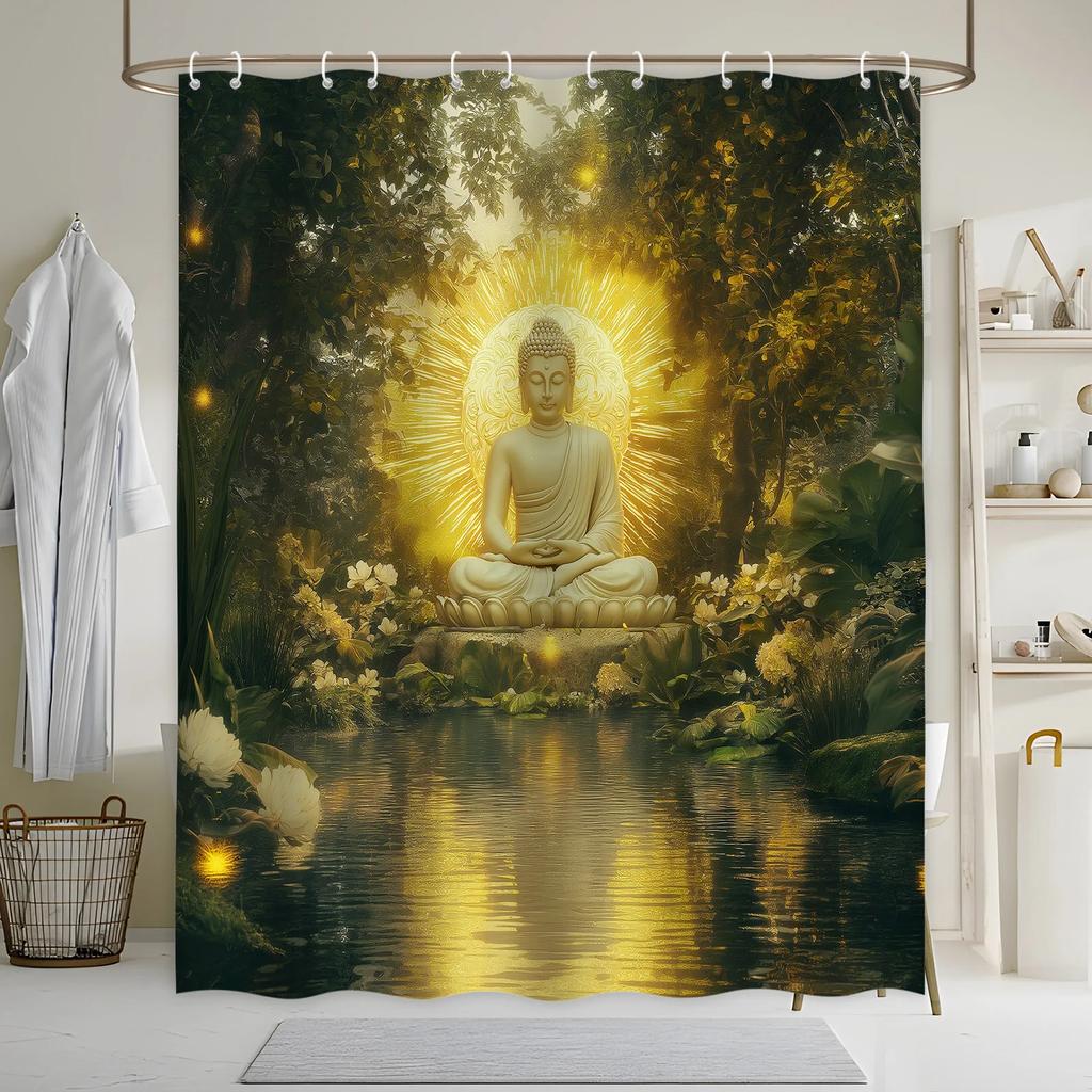 Buddha Garden Bath Curtain - Serene Digital Art of Buddha Statue, Lush Greenery & Flowers,Golden Halo, Calm Pond,Polyester Woven