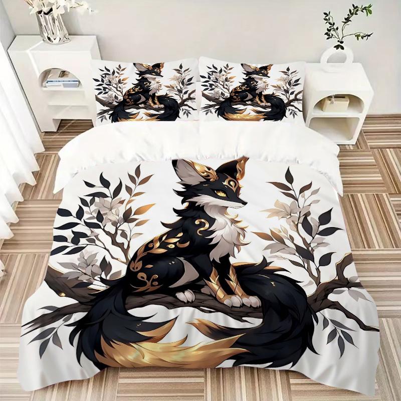 3pcs Black Cool Fox Bedding Set Includes Quilt Cover and Pillowcases, Suitable for All Seasons L006