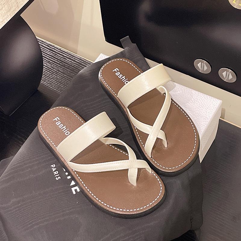 

Женская обувь лето новая круглая голова плоская подошва открытый носок пряжка носить простой чехол женские шлепанцы H 40-41