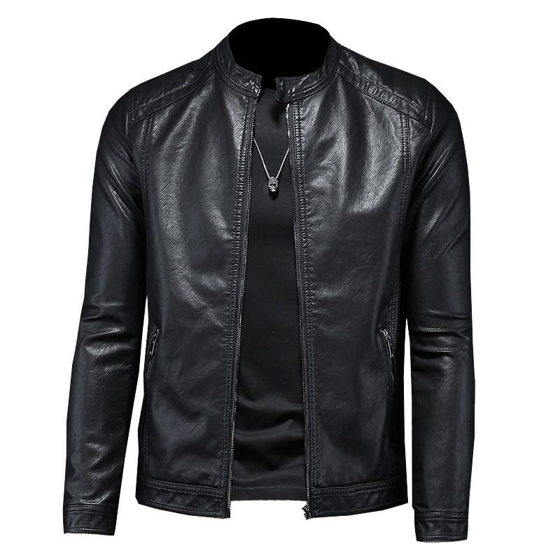 Mens PU Leather Biker Jacket With Stand Collar Slim Fit Casual Outerwear