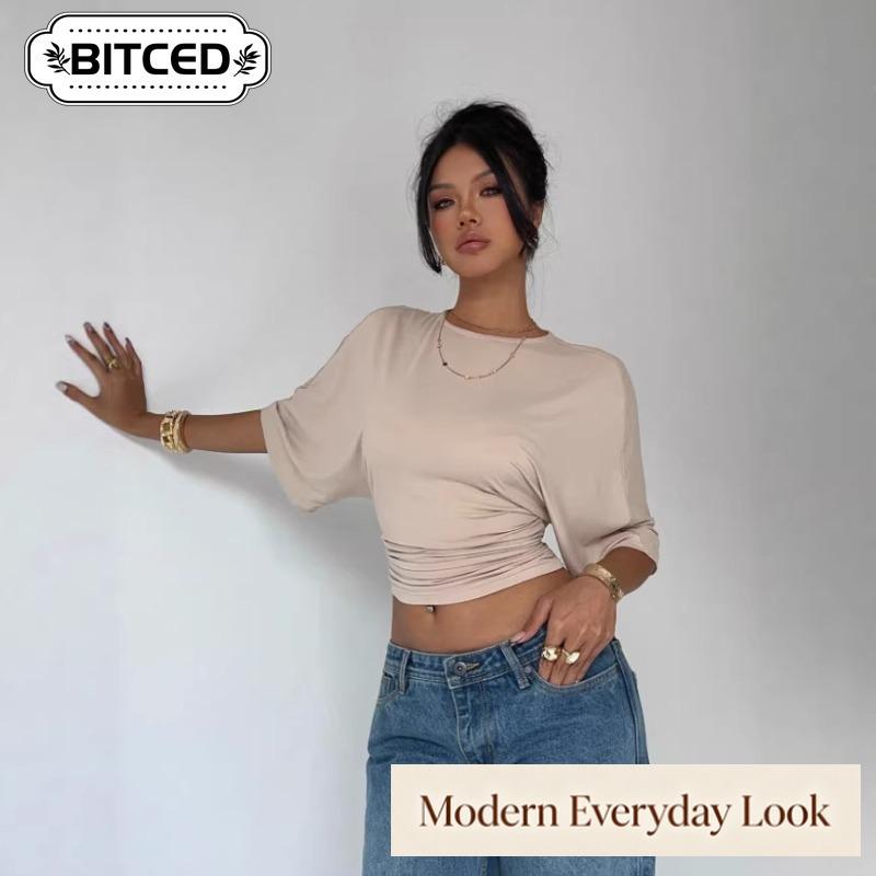 BITCED Damen Mode Lässig O-Ausschnitt Kurzarm Blusen & Hemden