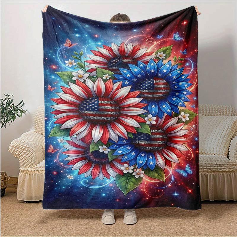 1pc American Flag Sunflowers Flannel Blanket Soft Warm Throw Blanket for Bedroom Living Room Bed Travel Camping Picnic Gift. MT7160162 75cm x 90cm