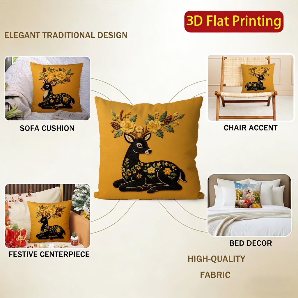 Embroidery Style Deer & Floral Throw Pillow Covers Pattern Cushion Cover Suitable For Sofa Bedroom Car Pillow Cover